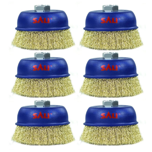 SALI 6 Pack Wire Cup Brush, 4 Inch Coarse Crimped Cup Brush for Grinders, with 5/8 Inch Arbor for Heavy Cleaning Rust, Stripping and Abrasive, for Angle Grinder