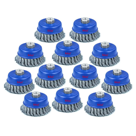 SALI 12 Pack Wire Cup Brush, 4 Inch Twisted Knotted Cup Brush for Grinders, with 5/8-11 Inch Arbor for Heavy Cleaning Rust, Stripping and Abrasive, for Angle Grinder