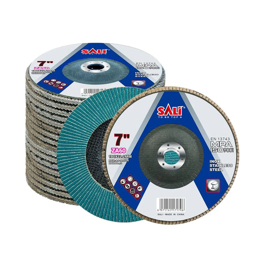 Sali 10 Pack Zirconia Flap Disc 60 Grit 7" x 7/8-Inch Sanding Disc Bevel Type #29 Premium and Industrial Grade Angle Grinder Grinding Wheel High Performance Edge Grinding