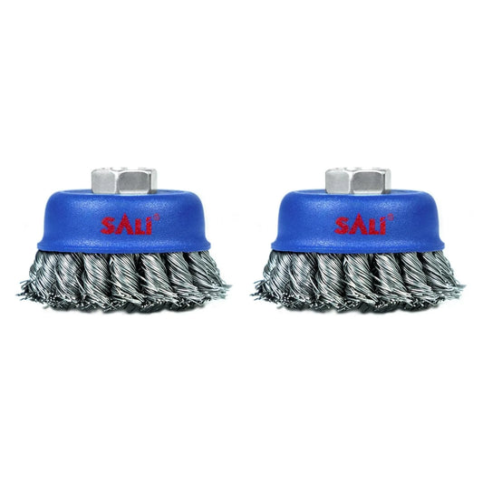 SALI 2 Pack Wire Cup Brush, 3 Inch Twisted Knotted Cup Brush for Grinders, with 5/8-11 Inch Arbor for Heavy Cleaning Rust, Stripping and Abrasive, for Angle Grinder