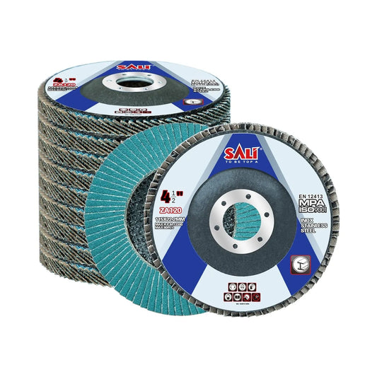 Sali 12 Pack Zirconia Flap Disc 120 Grit 4.5" x 7/8-Inch Sanding Disc Bevel Type #29 Premium and Industrial Grade Angle Grinder Grinding Wheel High Performance Edge Grinding
