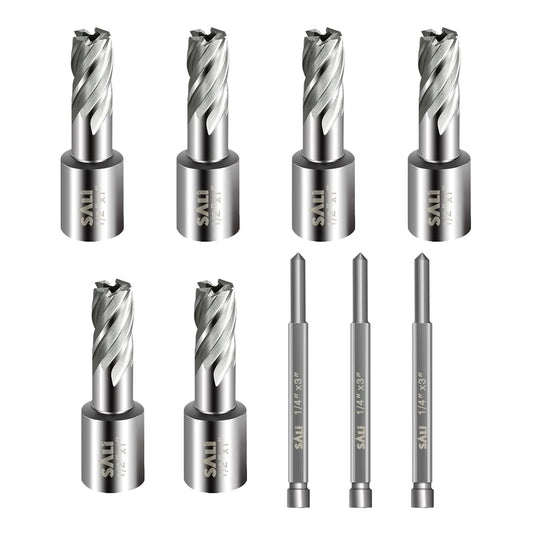 SALI 6 pcs Annular Cutter Diameter 1/2 Inch with Weldon Shank 3/4" (with 2 Flats) Cutting Depth 1" Mag Drill Bit for Magnetic Drill Press HSS Fully Ground Drill with One 1/4"*3" Pilot Pin