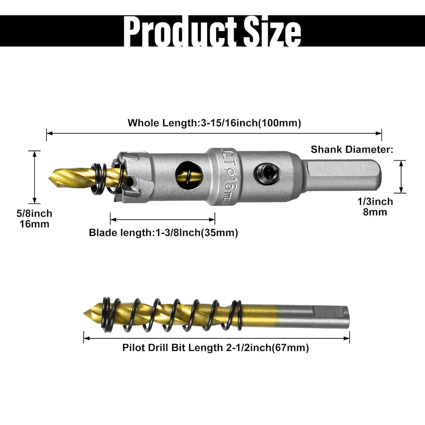 SALI 5/8" (16mm) TCT Hole Saw Kit Tungsten Carbide Tipped Hole Saw Drill Bit with Titanium-Plated Pilot Drill bit for Metal, Stainless Steel, Iron, Wood, Plastic