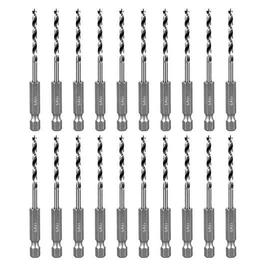 SALI Brad Point Drill Bits Set, 20 Pcs 1/8" Carbon Steel Wood Drill Bit Set with 1/4" Hex Shank for Hardwood, Plywood, Plastic Round Holes in All Types of Wood