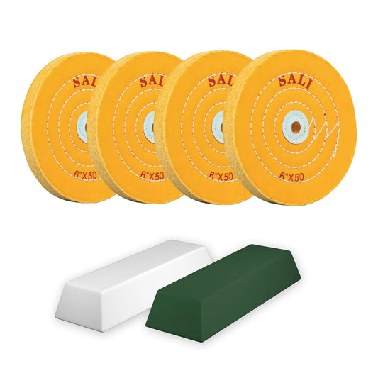 SALI 4 Pack Polishing Wheel for Bench Grinder Buffing Wheel 6 inch Yellow Cotton (50 Ply) for Buffer Polisher Coarse Polish Pad 1/2'' Arbor Hole with Polishing Compound