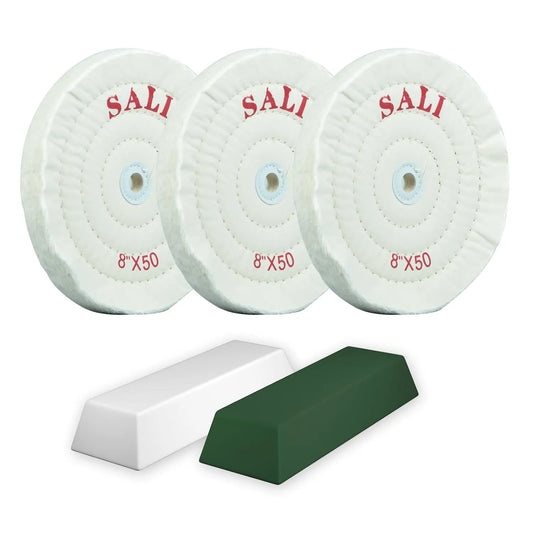 SALI 3 Pack Polishing Wheel for Bench Grinder Buffing Wheel 8 inch White Cotton (50 Ply) for Buffer Polisher Medium Polish Pad 5/8'' Arbor Hole with Polishing Compound Kit