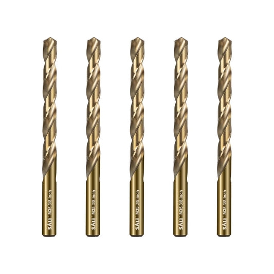 SALI Cobalt Drill Bit Set, 5Pcs 3/8" M35 High Speed Steel Jobber Length Drill Bit Kit for Hardened Metal, Stainless Steel, Cast Iron, Wood and Plastic, with Index Storage Case