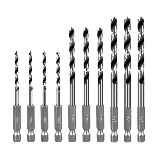 SALI Brad Point Drill Bits Set, 10 Pcs 1/8" to 1/4" Carbon Steel Wood Drill Bit Set with 1/4" Hex Shank for Hardwood, Plywood, Plastic Round Holes in All Types of Wood