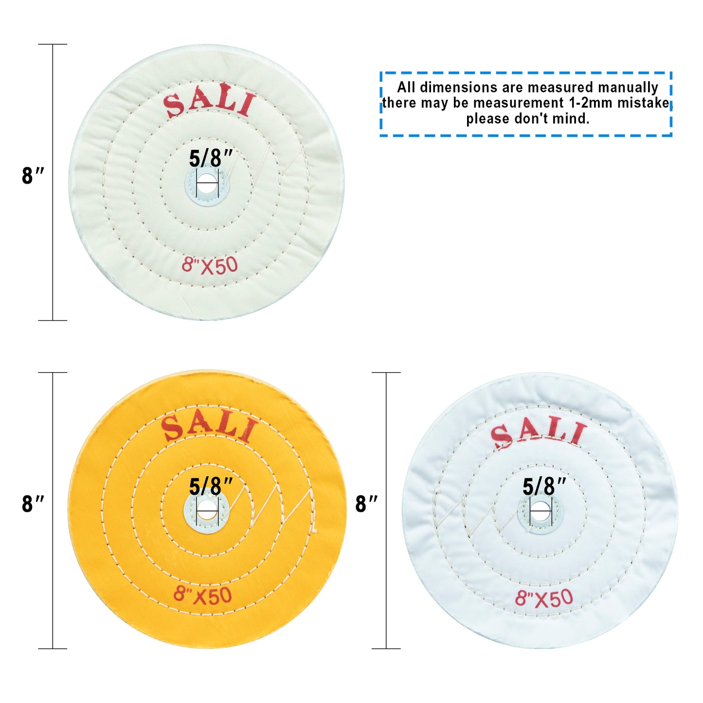 SALI 3 Pack Polishing Wheel for Bench Grinder Buffing Wheel 8 inch Cotton (50 Ply) for Buffer Polisher Fine Polish Pad 5/8'' Arbor Hole with Polishing Compound Kit