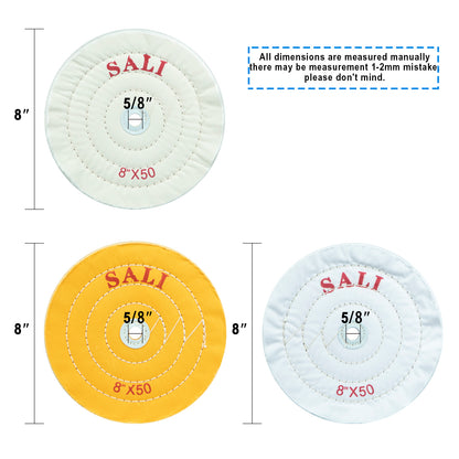 SALI 3 Pack Polishing Wheel for Bench Grinder Buffing Wheel 8 inch Cotton (50 Ply) for Buffer Polisher Fine Polish Pad 5/8'' Arbor Hole with Polishing Compound Kit