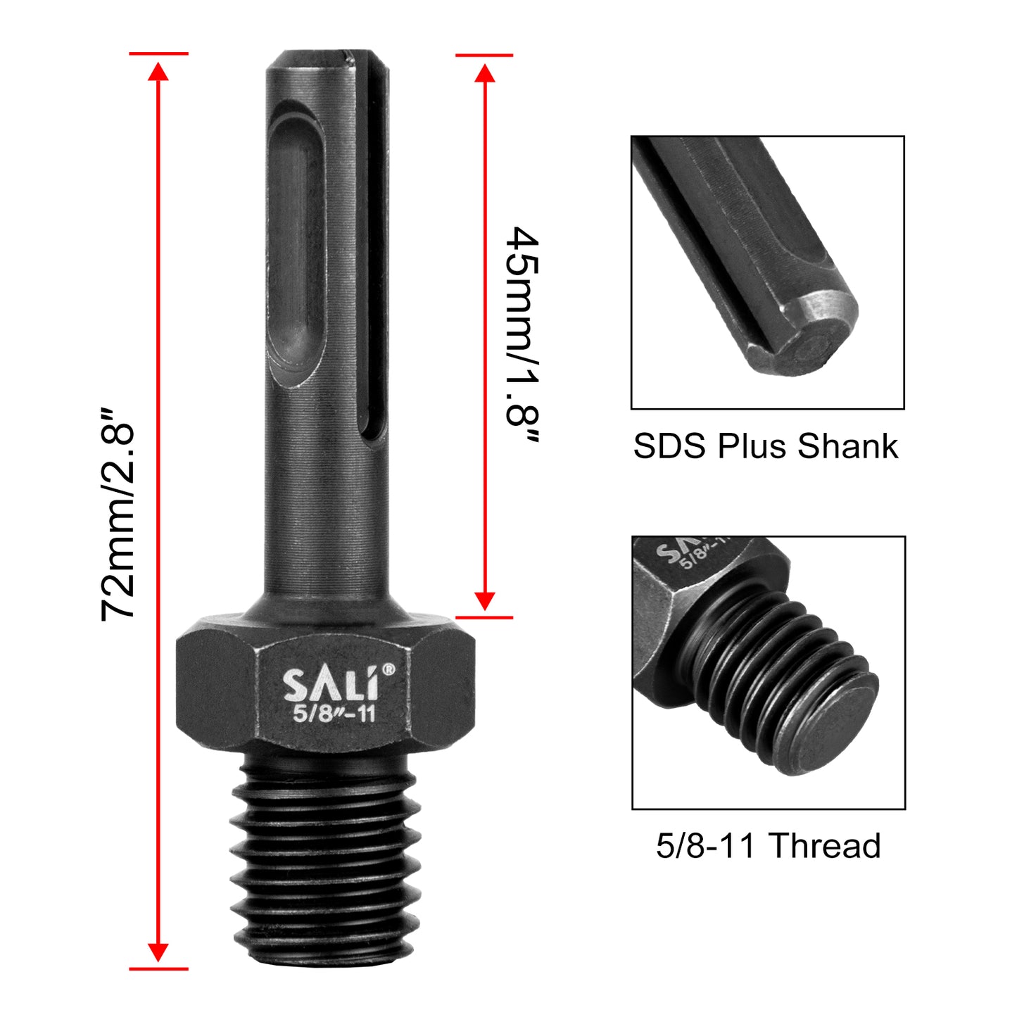 SALI 2PCS Core Drill Bit Adapter 5/8"-11 Thread Male to 3/8" SDS Plus Shank 5/8" -11 Male Drill Bit Adapter for Threaded Diamond Hole Saw Diamond Core Drill