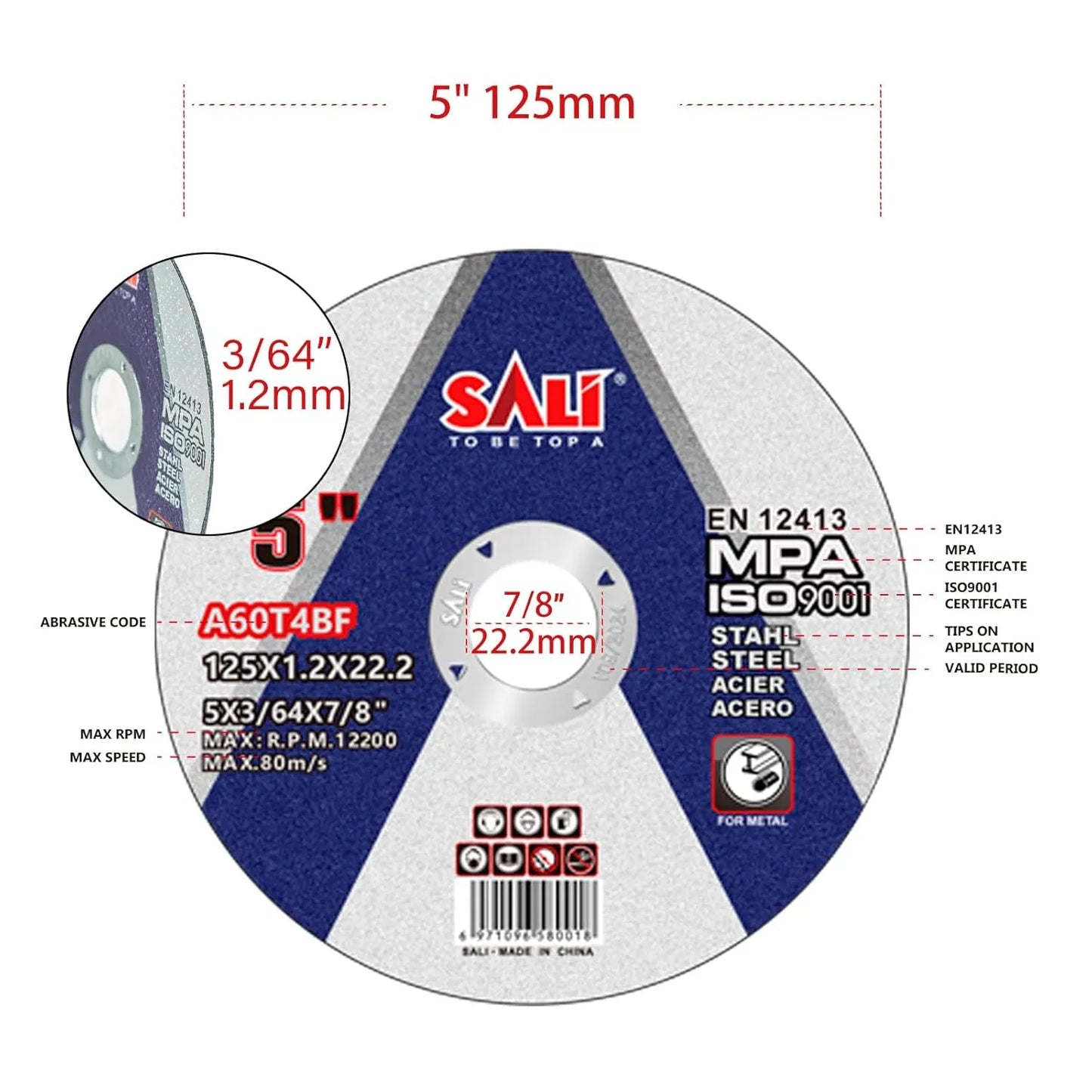 SALI 25 Pack Cut Off Wheel 5 Inch General Purpose Metal Cutting Wheel for 5" Grinders- Cutting Disc Aggressive Cutting 5" x 3/64" x 7/8" Operating Up to RPM 12200 and 80 M/S