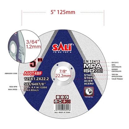 SALI 25 Pack Cut Off Wheel 5 Inch General Purpose Metal Cutting Wheel for 5" Grinders- Cutting Disc Aggressive Cutting 5" x 3/64" x 7/8" Operating Up to RPM 12200 and 80 M/S