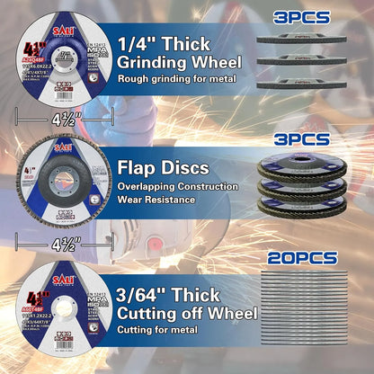 SALI 26pcs Grinding & Cutting Wheels 4.5" Set,Angle Grinder Wheel Set,20pcs Cut Off Wheels,3pcs Grinding Wheel,3pcs 4.5” Flap Discs, with 7/8" Arbor for Angle Grinder for Cutting Grinding