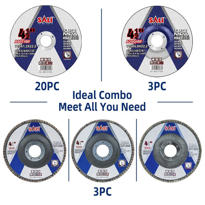 SALI 26pcs Grinding & Cutting Wheels 4.5" Set,Angle Grinder Wheel Set,20pcs Cut Off Wheels,3pcs Grinding Wheel,3pcs 4.5” Flap Discs, with 7/8" Arbor for Angle Grinder for Cutting Grinding