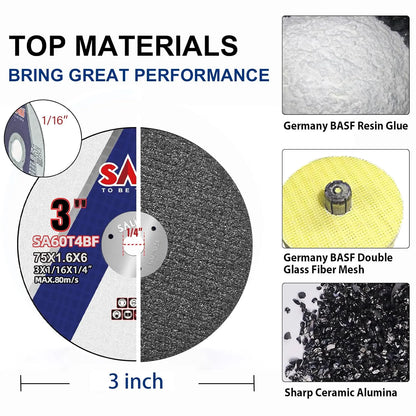 SALI 50 Pack Cut Off Wheels 3 Inch General Purpose Metal Cutting Wheel for 3 in Angle Grinders and Die Grinders- Cutting Disc Aggressive Cutting 3 * 1/16 * 1/4 Operating Up to 20380 RPM and 80