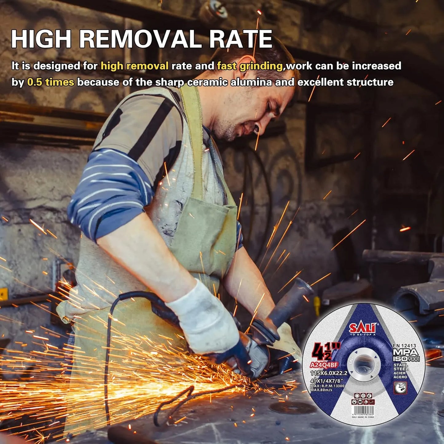 SALI 50 Pack 4-1/2 Inch Grinding Wheels for General Purpose Metal & Stainless Steel, Aluminum Oxide Grinding Disc for Angle Grinder, Depressed Center 4.5" * 1/4" * 7/8"(115 * 6.0 * 22.2 mm)