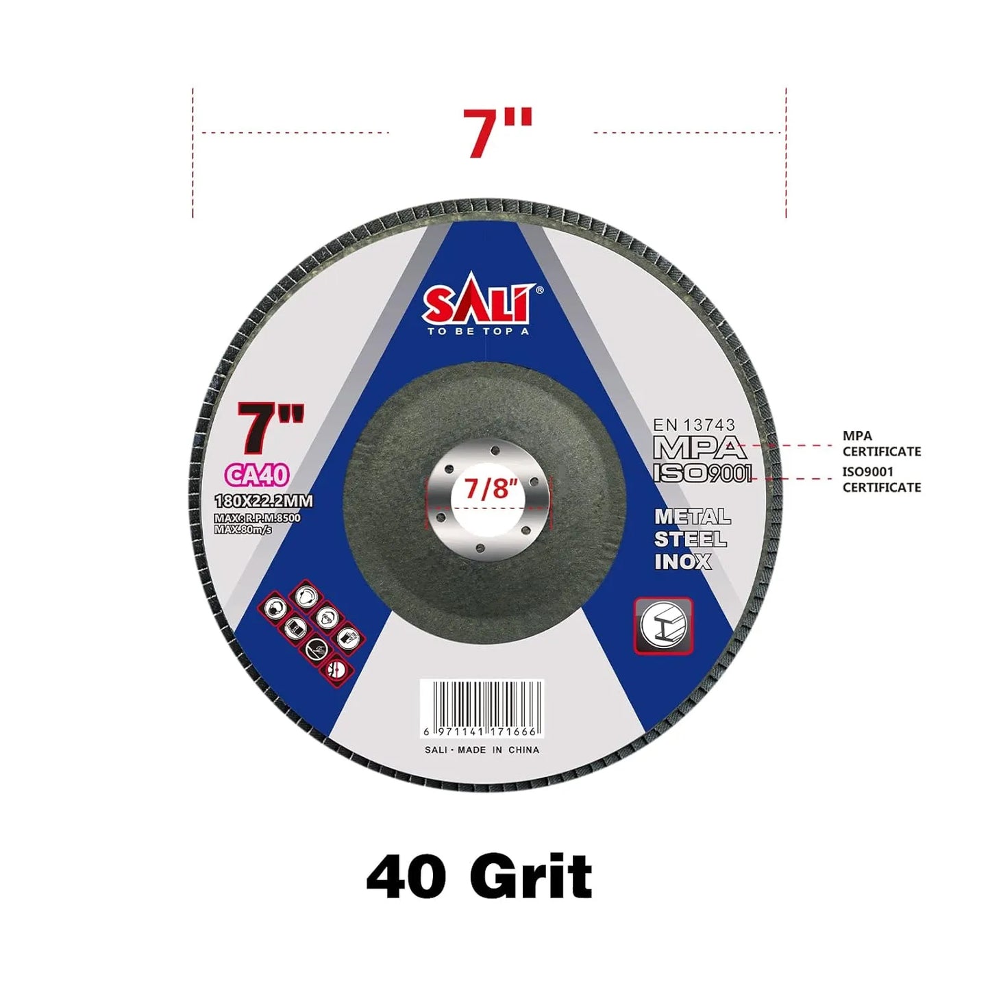 Sali 10 Pack Flap Disc 40 Grit 7" x 7/8-Inch Sanding Disc Bevel Type #29 Premium and Industrial Grade Angle Grinder Grinding Wheel High Performance Edge Grinding