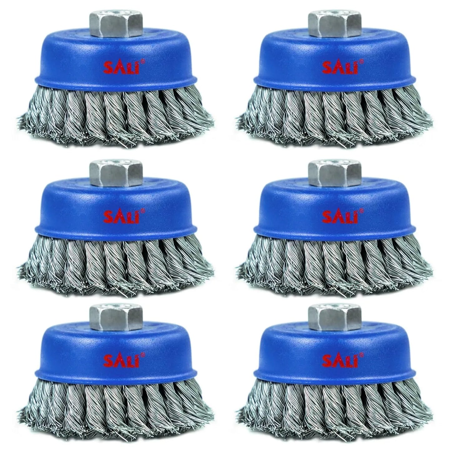 SALI 6 Pack Wire Cup Brush, 4 Inch Twisted Knotted Cup Brush for Grinders, with 5/8-11 Inch Arbor for Heavy Cleaning Rust, Stripping and Abrasive, for Angle Grinder