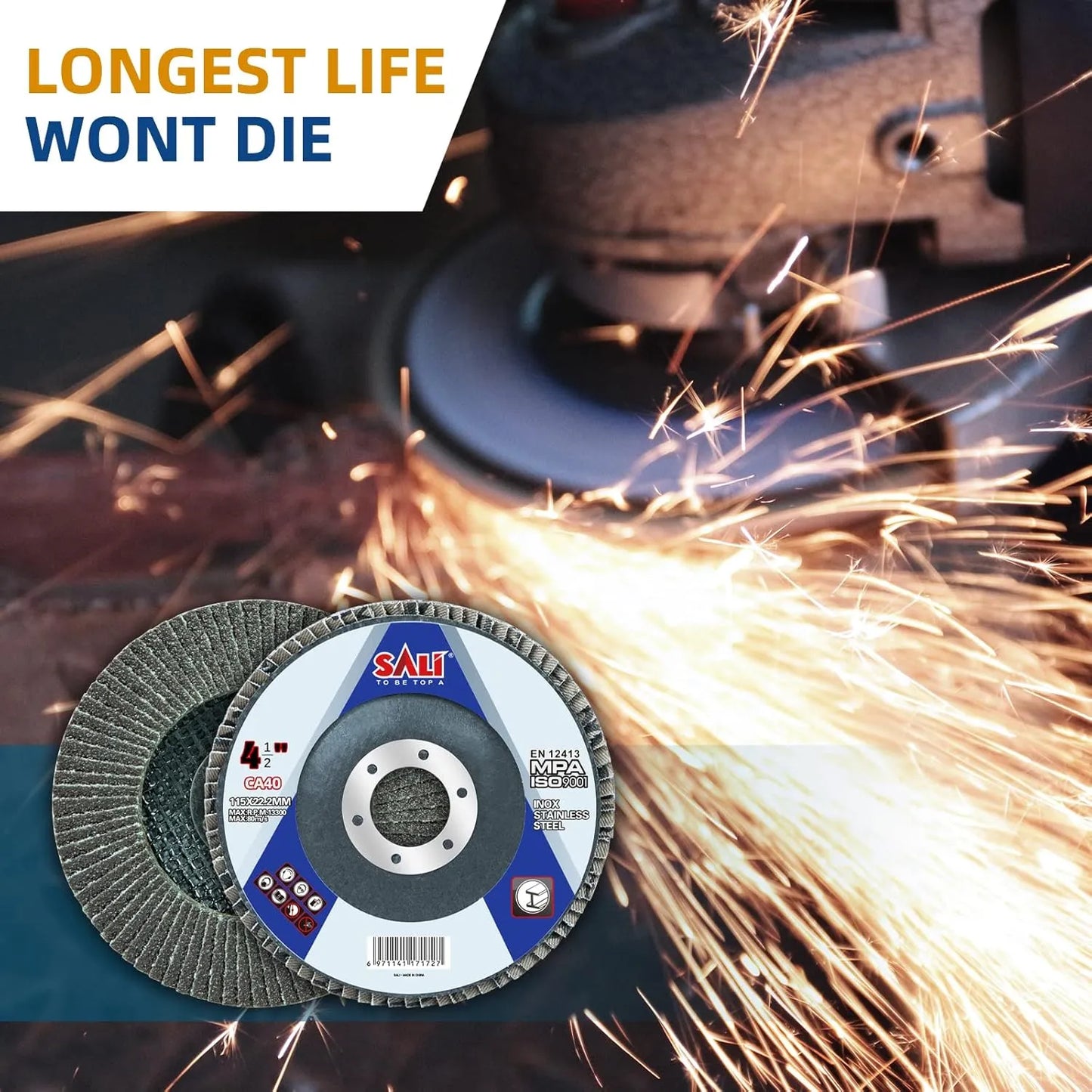 Sali 100 Pack Flap Disc 40 Grit 4.5" x 7/8-Inch Sanding Disc Bevel Type #29 Premium and Industrial Grade Angle Grinder Grinding Wheel High Performance Edge Grinding