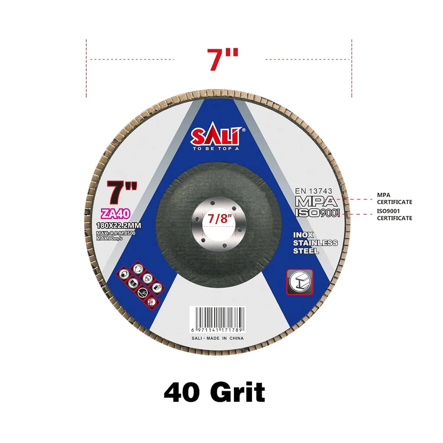 Sali 10 Pack Zirconia Flap Disc 40 Grit 7" x 7/8-Inch Sanding Disc Bevel Type #29 Premium and Industrial Grade Angle Grinder Grinding Wheel High Performance Edge Grinding