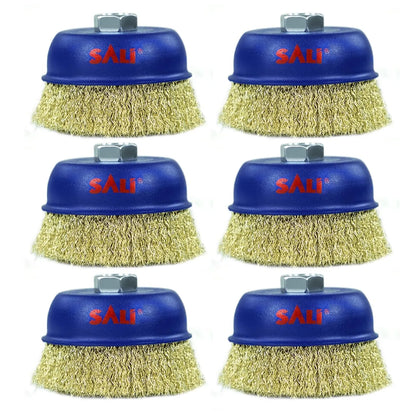 SALI 6 Pack Wire Cup Brush, 4 Inch Coarse Crimped Cup Brush for Grinders, with 5/8 Inch Arbor for Heavy Cleaning Rust, Stripping and Abrasive, for Angle Grinder