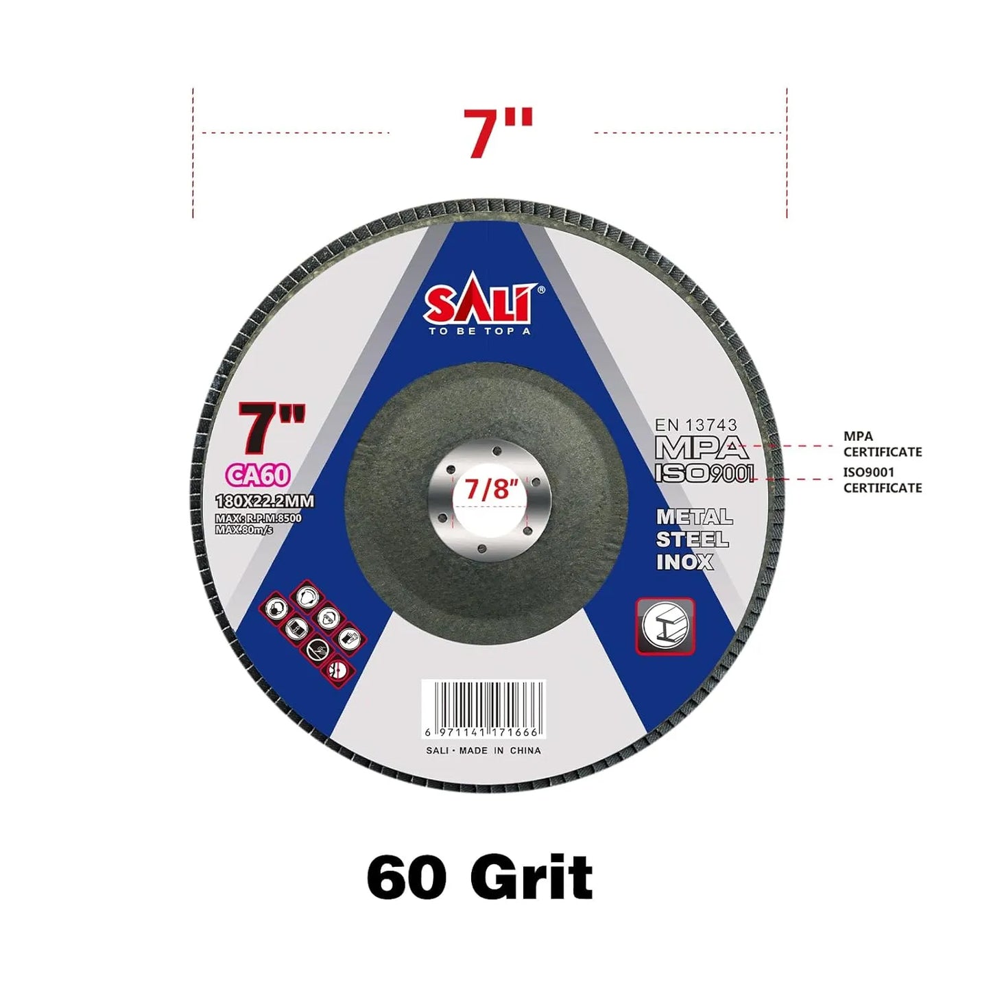 Sali 10 Pack Flap Disc 60 Grit 7" x 7/8-Inch Sanding Disc Bevel Type #29 Premium and Industrial Grade Angle Grinder Grinding Wheel High Performance Edge Grinding