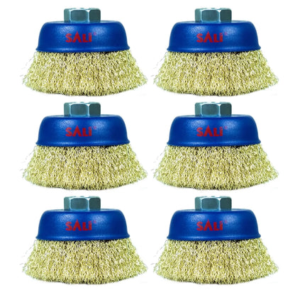 SALI 6 Pack Wire Cup Brush, 3 Inch Coarse Crimped Cup Brush for Grinders, with 5/8 Inch Arbor for Heavy Cleaning Rust, Stripping and Abrasive, for Angle Grinder