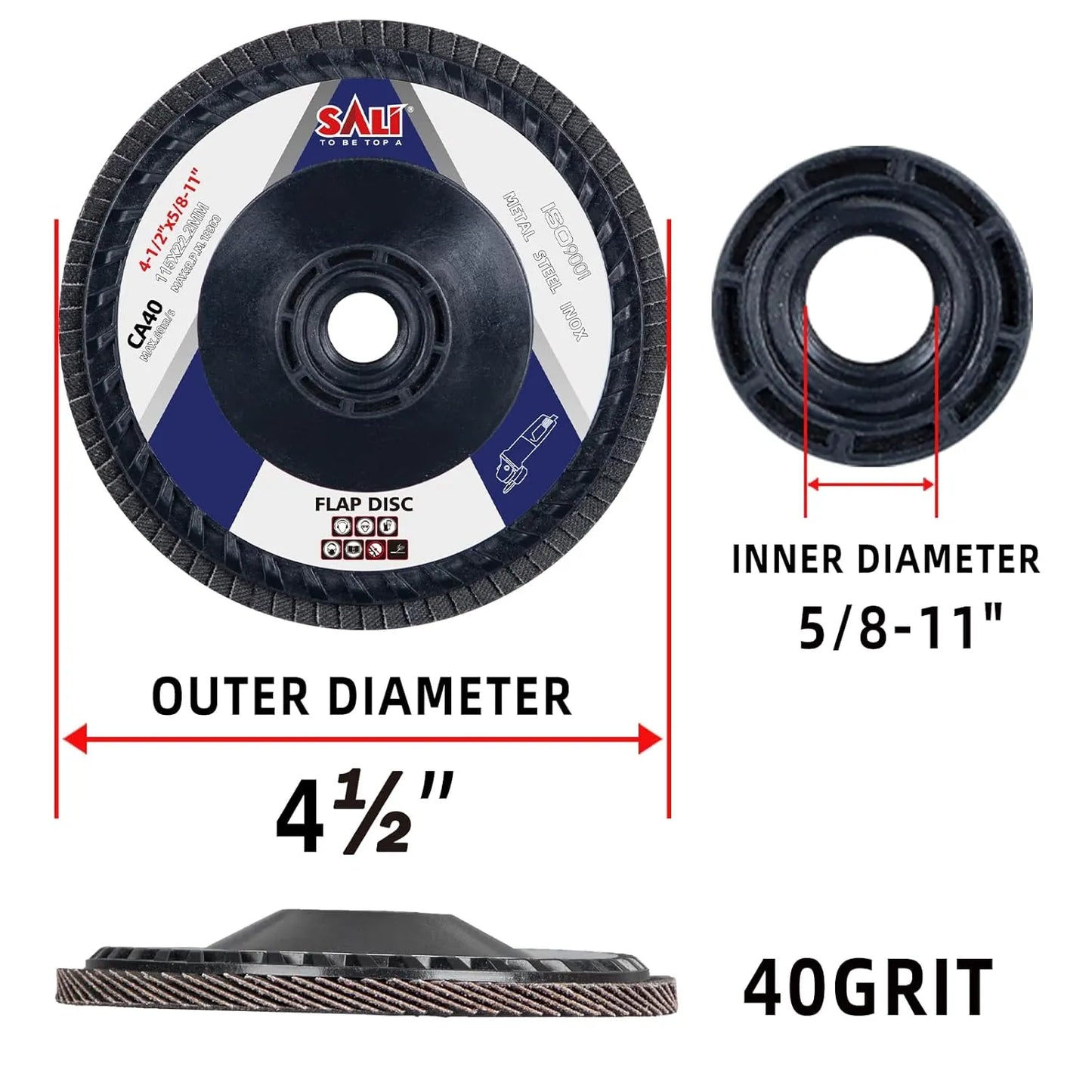 Sali 10 Pack Flap Disc 40 Grit 4.5" x 5/8-11 Sanding Disc Bevel Type #27 Premium and Industrial Grade Angle Grinder Grinding Wheel Finishing for Stainless Steel, Sheet Metal