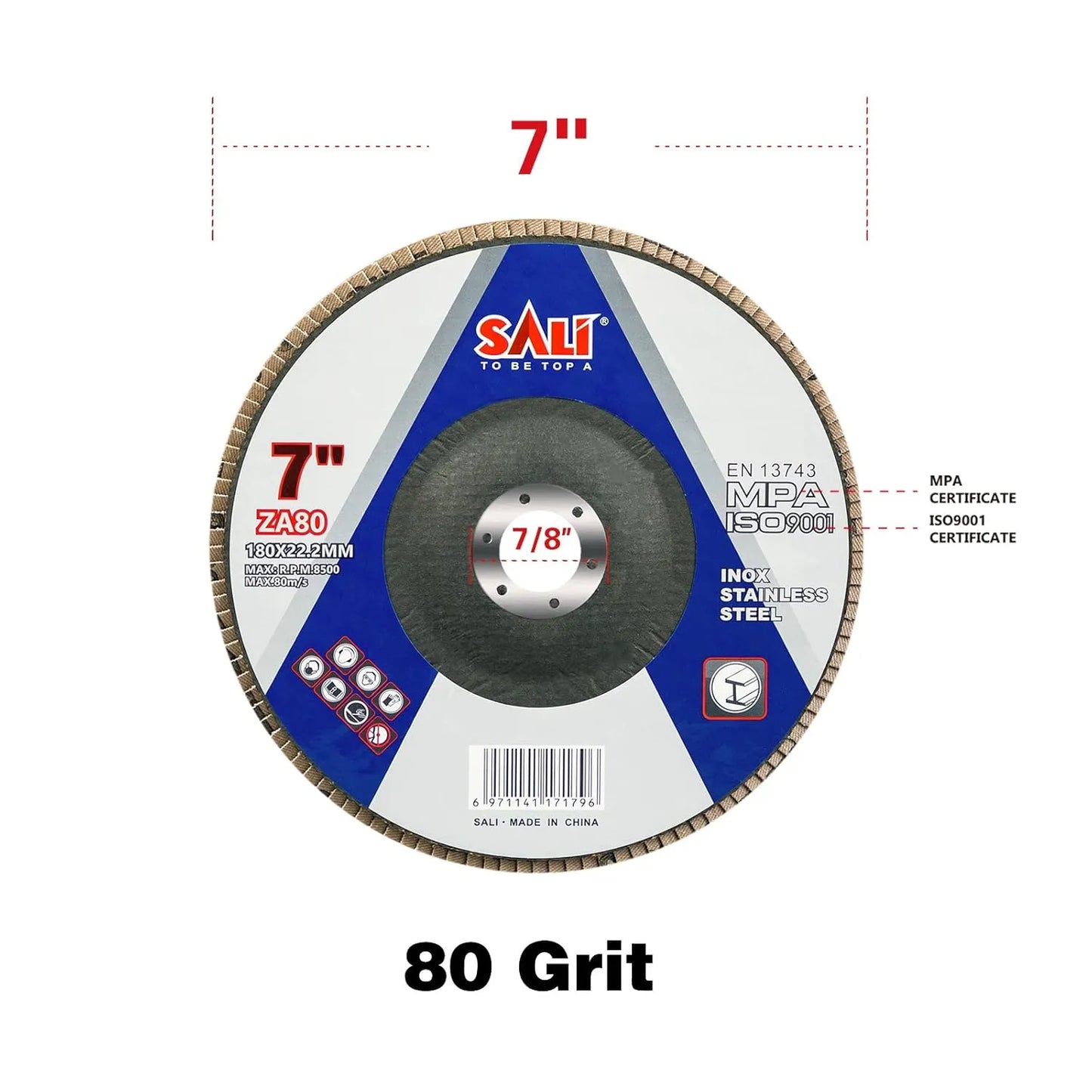 Sali 10 Pack Zirconia Flap Disc 80 Grit 7" x 7/8-Inch Sanding Disc Bevel Type #29 Premium and Industrial Grade Angle Grinder Grinding Wheel High Performance Edge Grinding