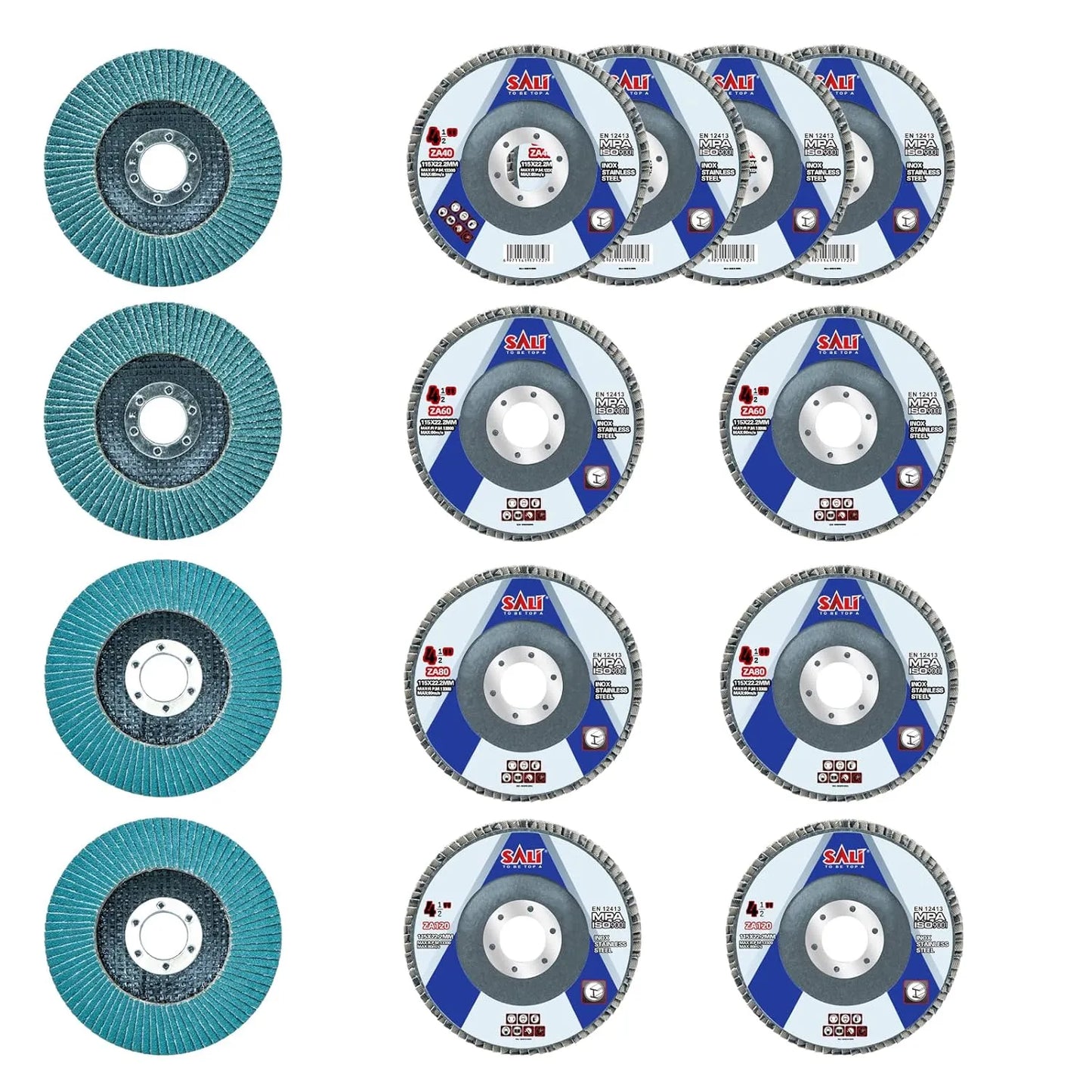 Sali 10 Pack Zirconia Flap Disc 40 Grit 4PCS/ 60 Grit 2PCS/ 80 Grit 2PCS/120 Grit 2PCS 4.5" x 7/8-Inch Sanding Disc Bevel Type #29 Premium and Industrial Grade High Performance Edge Grinding Wheel