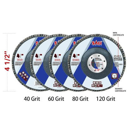 Sali 10 Pack Zirconia Flap Disc 40 Grit 4PCS/ 60 Grit 2PCS/ 80 Grit 2PCS/120 Grit 2PCS 4.5" x 7/8-Inch Sanding Disc Bevel Type #29 Premium and Industrial Grade High Performance Edge Grinding Wheel