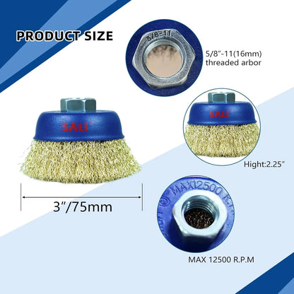 SALI 2 Pack Wire Cup Brush, 3 Inch Coarse Crimped Cup Brush for Grinders, with 5/8-11 Inch Arbor for Heavy Cleaning Rust, Stripping and Abrasive, for Angle Grinder