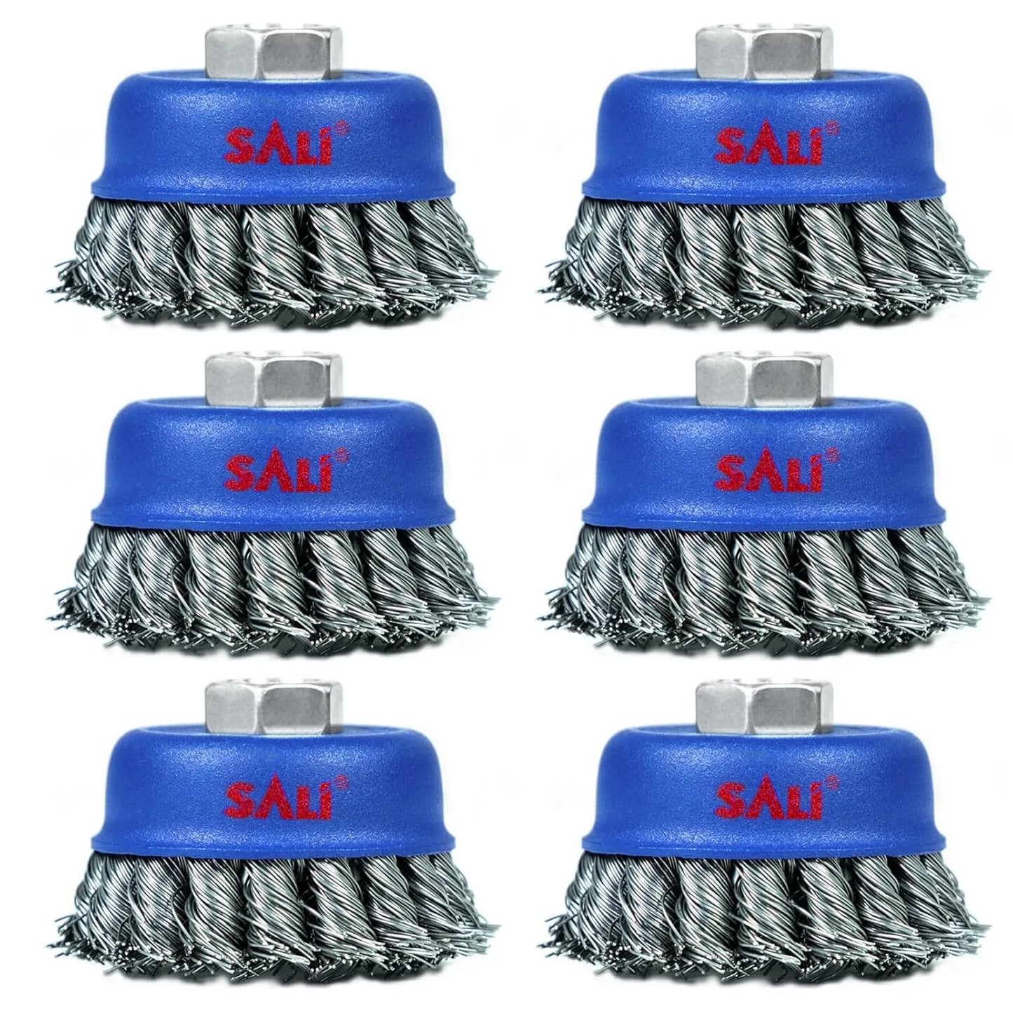 SALI 6 Pack Wire Cup Brush, 3 Inch Twisted Knotted Cup Brush for Grinders, with 5/8-11 Inch Arbor for Heavy Cleaning Rust, Stripping and Abrasive, for Angle Grinder