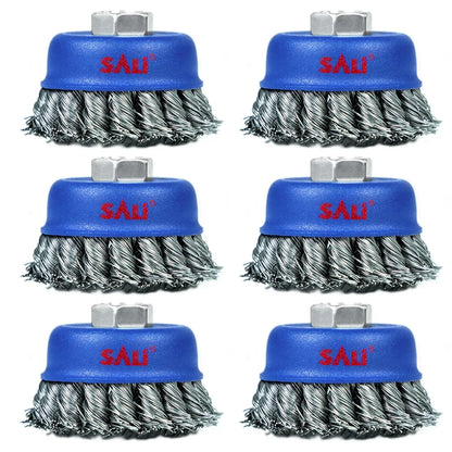 SALI 6 Pack Wire Cup Brush, 3 Inch Twisted Knotted Cup Brush for Grinders, with 5/8-11 Inch Arbor for Heavy Cleaning Rust, Stripping and Abrasive, for Angle Grinder