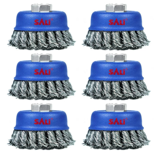SALI 6 Pack Wire Cup Brush, 3 Inch Twisted Knotted Cup Brush for Grinders, with 5/8-11 Inch Arbor for Heavy Cleaning Rust, Stripping and Abrasive, for Angle Grinder