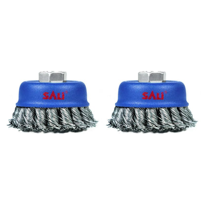 SALI 2 Pack Wire Cup Brush, 3 Inch Twisted Knotted Cup Brush for Grinders, with 5/8-11 Inch Arbor for Heavy Cleaning Rust, Stripping and Abrasive, for Angle Grinder