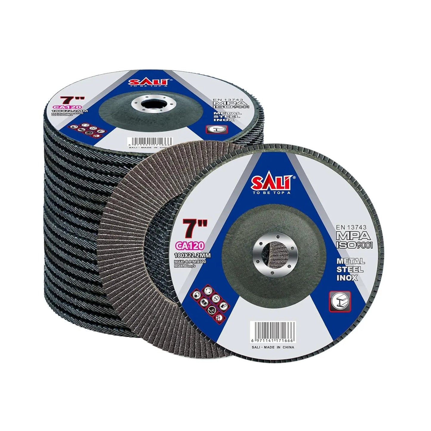 Sali 10 Pack Flap Disc 120 Grit 7" x 7/8-Inch Sanding Disc Bevel Type #29 Premium and Industrial Grade Angle Grinder Grinding Wheel High Performance Edge Grinding
