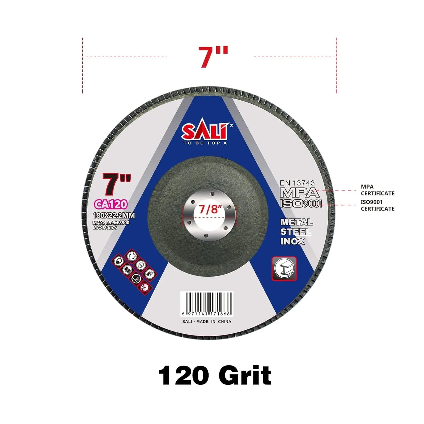 Sali 10 Pack Flap Disc 120 Grit 7" x 7/8-Inch Sanding Disc Bevel Type #29 Premium and Industrial Grade Angle Grinder Grinding Wheel High Performance Edge Grinding