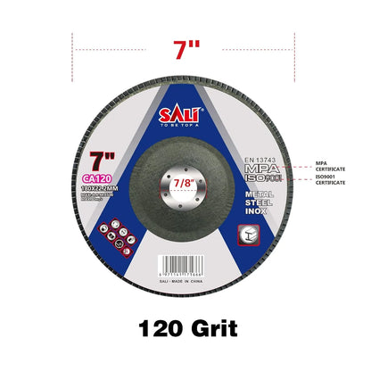 Sali 10 Pack Flap Disc 120 Grit 7" x 7/8-Inch Sanding Disc Bevel Type #29 Premium and Industrial Grade Angle Grinder Grinding Wheel High Performance Edge Grinding