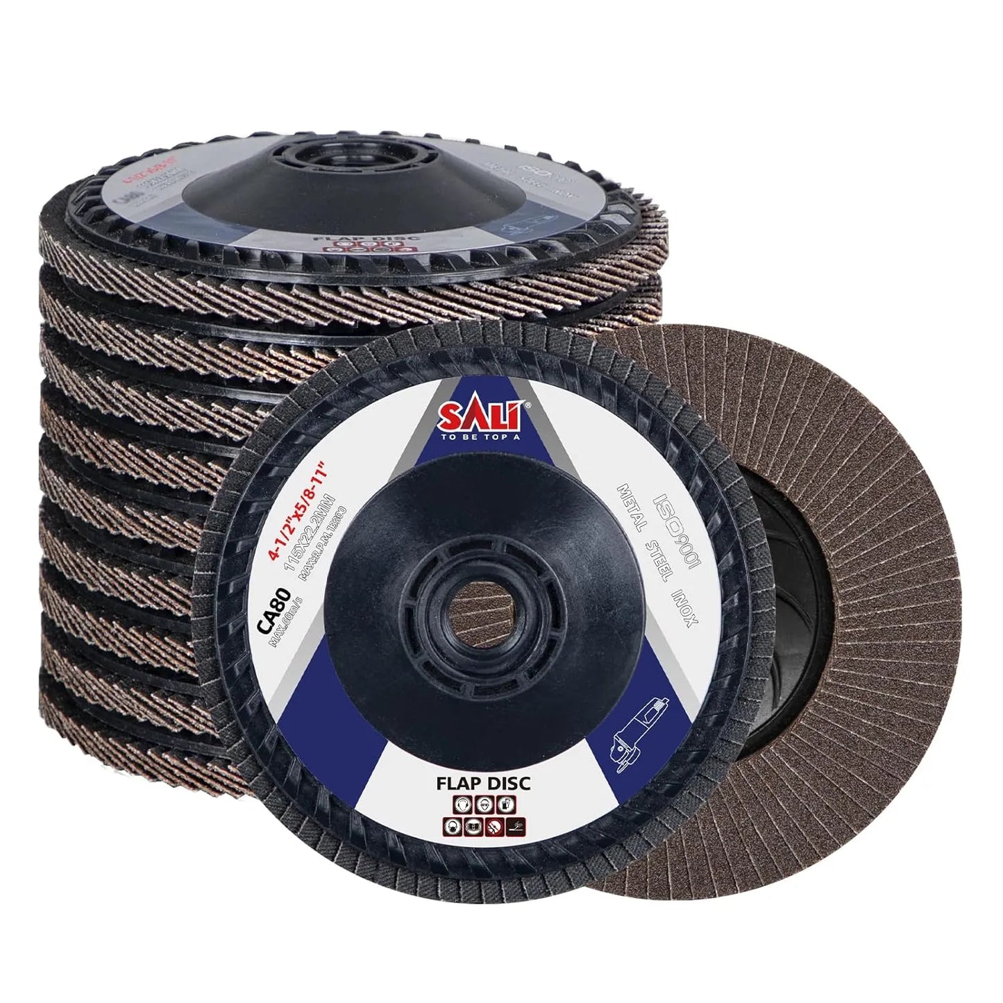 Sali 10 Pack Flap Disc 80 Grit 4.5" x 5/8-11 Sanding Disc Bevel Type #27 Premium and Industrial Grade Angle Grinder Grinding Wheel Finishing for Stainless Steel, Sheet Metal