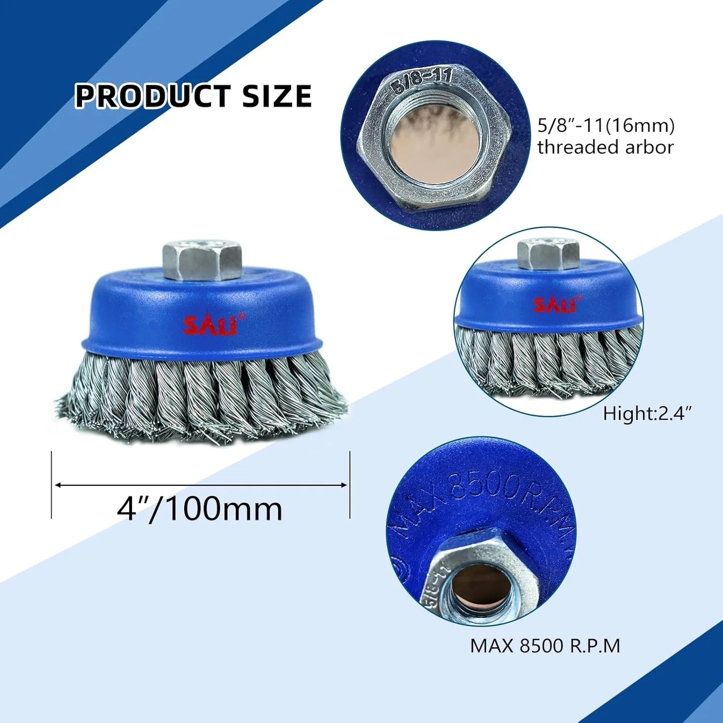 SALI 2 Pack Wire Cup Brush, 4 Inch Twisted Knotted Cup Brush for Grinders, with 5/8-11 Inch Arbor for Heavy Cleaning Rust, Stripping and Abrasive, for Angle Grinder