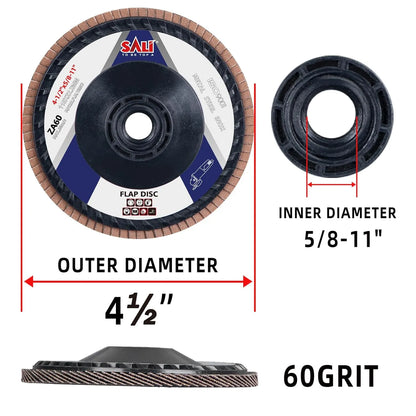Sali 10 Pack Zirconia Flap Disc 60 Grit 4.5" x 5/8-11 Sanding Disc Bevel Type #27 Premium and Industrial Grade Angle Grinder Grinding Wheel Finishing for Stainless Steel, Sheet Metal