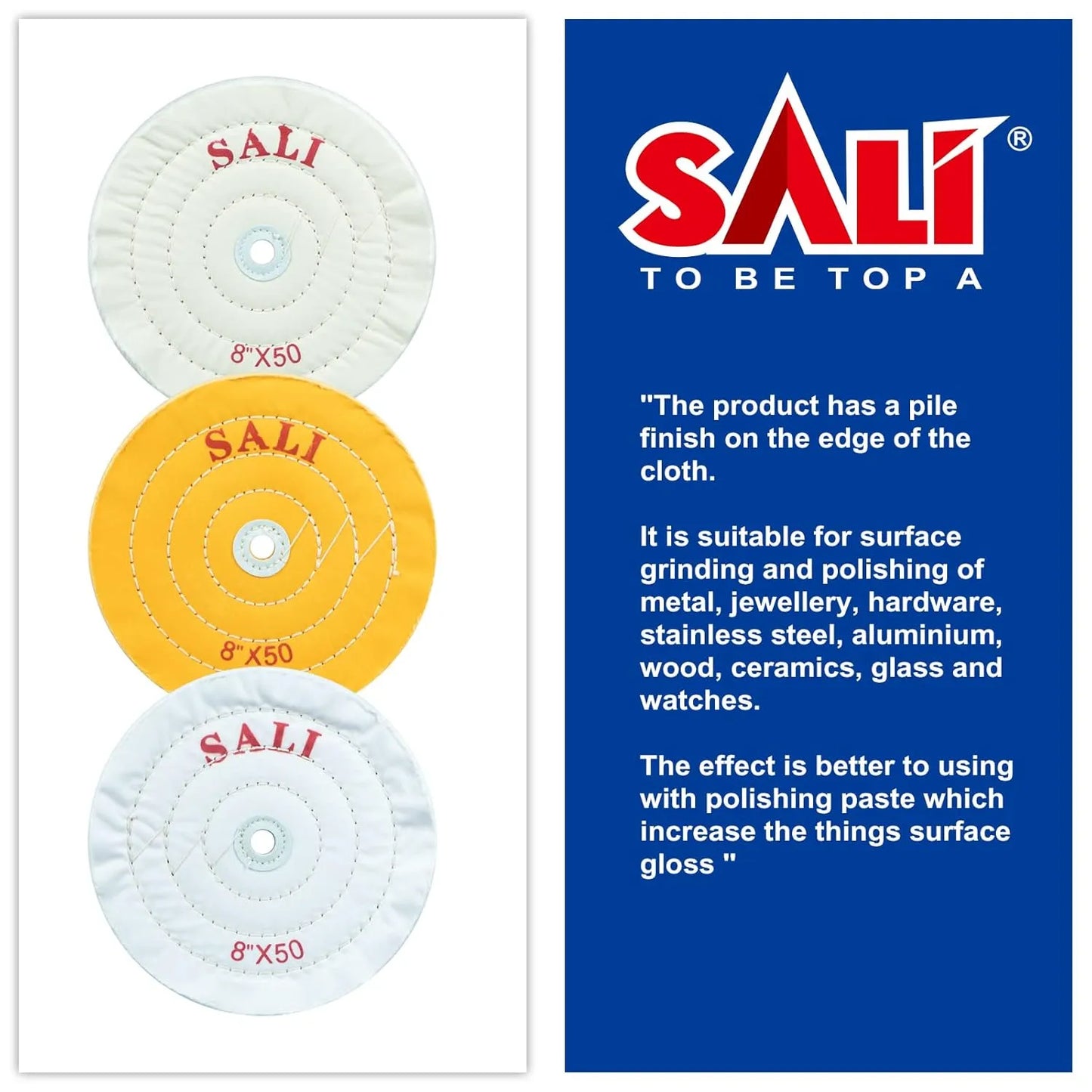 SALI 3 Pack Polishing Wheel for Bench Grinder Buffing Wheel 8 inch Yellow-Coarse White-Medium White -Fine (50 Ply) for 5/8'' Arbor Buffer Polisher Polish Pad with Polishing Compound Kit