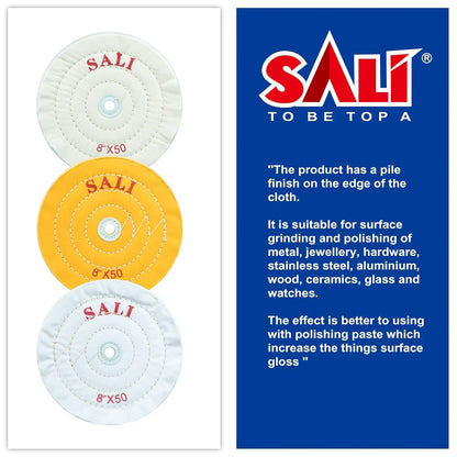 SALI 3 Pack Polishing Wheel for Bench Grinder Buffing Wheel 8 inch Yellow-Coarse White-Medium White -Fine (50 Ply) for 5/8'' Arbor Buffer Polisher Polish Pad with Polishing Compound Kit