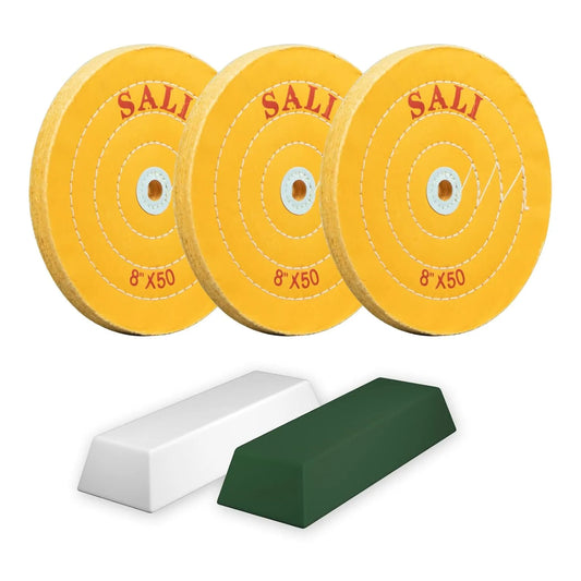 SALI 3 Pack Polishing Wheel for Bench Grinder Buffing Wheel 8 inch Yellow Cotton (50 Ply) for Buffer Polisher Coarse Polish Pad 5/8'' Arbor Hole with Polishing Compound Kit