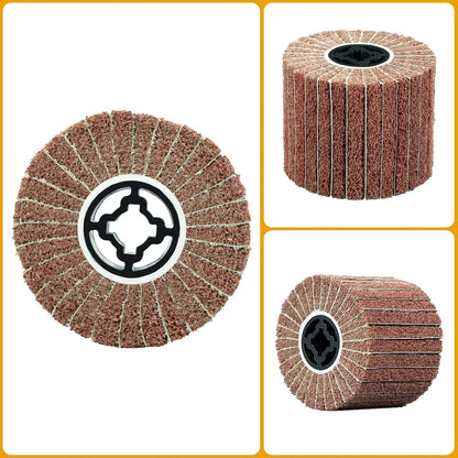 SALI Non Woven Wire Abrasive Drawing Polishing Burnishing Wheel Flap Wire Brush Drum Surface Conditioning Tool for Metal Surface Polishing Grinding Removing Rust 120x100x19mm with Sandpaper 80 Grit