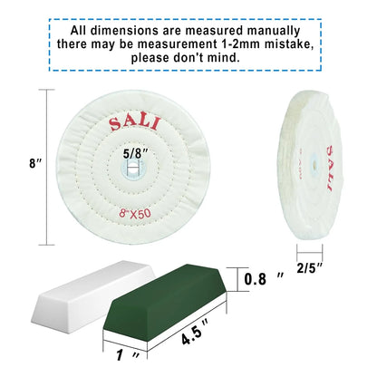 SALI 3 Pack Polishing Wheel for Bench Grinder Buffing Wheel 8 inch White Cotton (50 Ply) for Buffer Polisher Medium Polish Pad 5/8'' Arbor Hole with Polishing Compound Kit