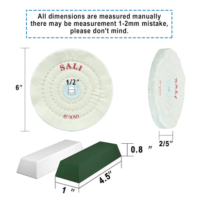 SALI 4 Pack Polishing Wheel for Bench Grinder Buffing Wheel 6 inch White Cotton (50 Ply) for Buffer Polisher Medium Polish Pad 1/2'' Arbor Hole with Polishing Compound Kit