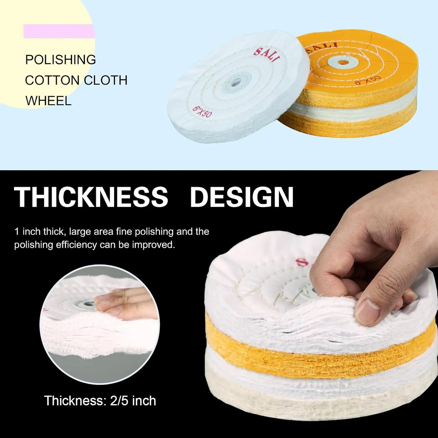 SALI 4 Pack Polishing Wheel for Bench Grinder Buffing Wheel 6 inch White Cotton (50 Ply) for Buffer Polisher Fine Polish Pad 1/2'' Arbor Hole with Polishing Compound Kit
